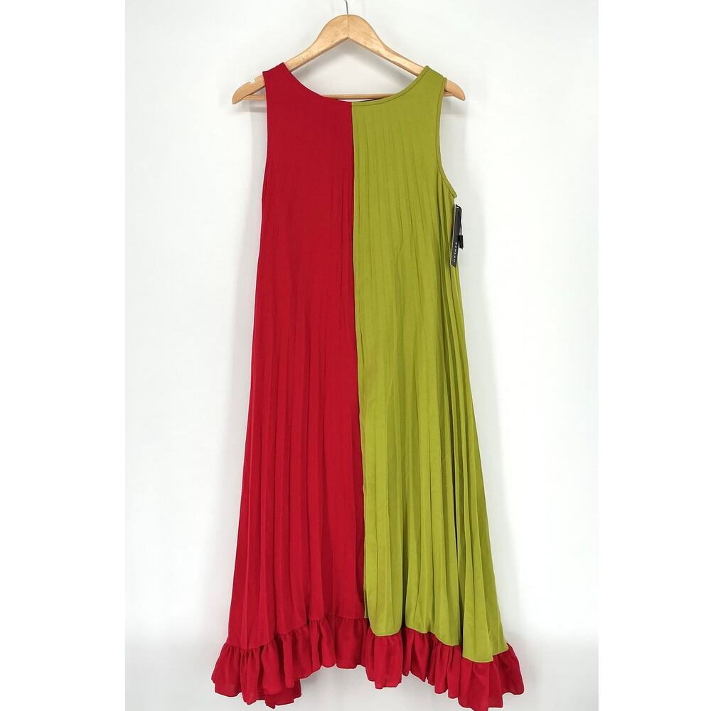 NWT Beulah Style Maxi Dress M Red Green Colorblock Pleated Ruffle Boho